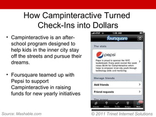 © 2011 Trinet Internet Solutions How Campinteractive Turned  Check-Ins into Dollars Source: Mashable.com Campinteractive is an after- school program designed to help kids in the inner city stay off the streets and pursue their dreams. Foursquare teamed up with Pepsi to support Campinteractive in raising funds for new yearly initiatives 