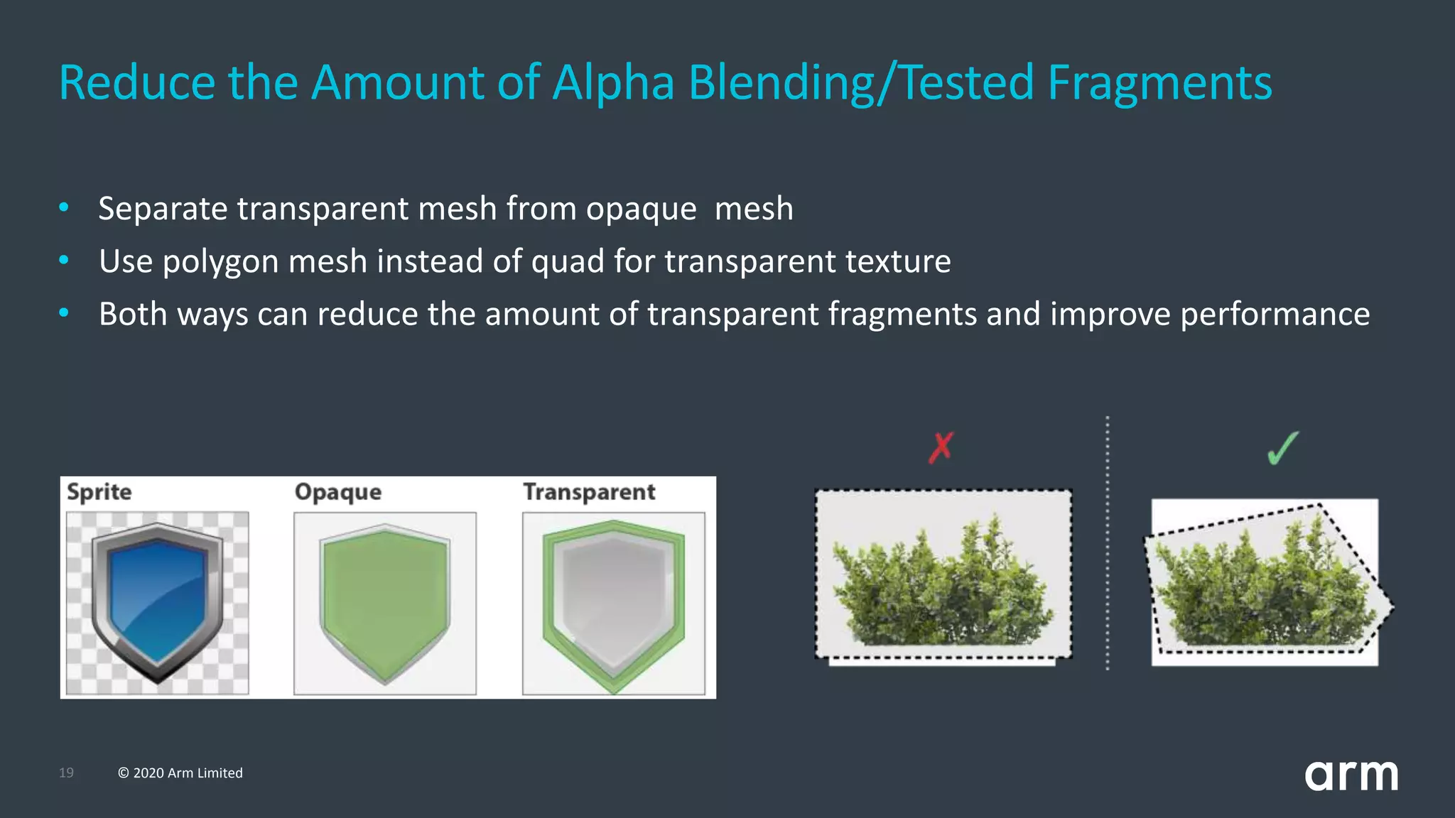 19 © 2020 Arm Limited
• Separate transparent mesh from opaque mesh
• Use polygon mesh instead of quad for transparent texture
• Both ways can reduce the amount of transparent fragments and improve performance
Reduce the Amount of Alpha Blending/Tested Fragments
 