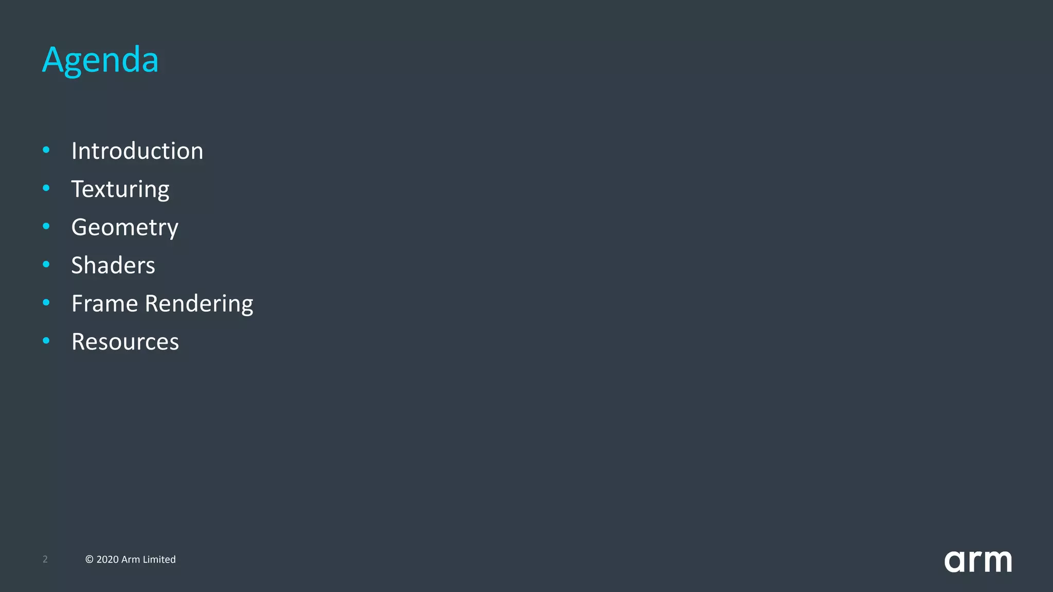 2 © 2020 Arm Limited
• Introduction
• Texturing
• Geometry
• Shaders
• Frame Rendering
• Resources
Agenda
 