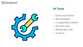 › Email automation
› Bid strategies
› LI suggested content
› Dynamic ads
› Messenger bots
› Unyte.ai
AI Tools
 