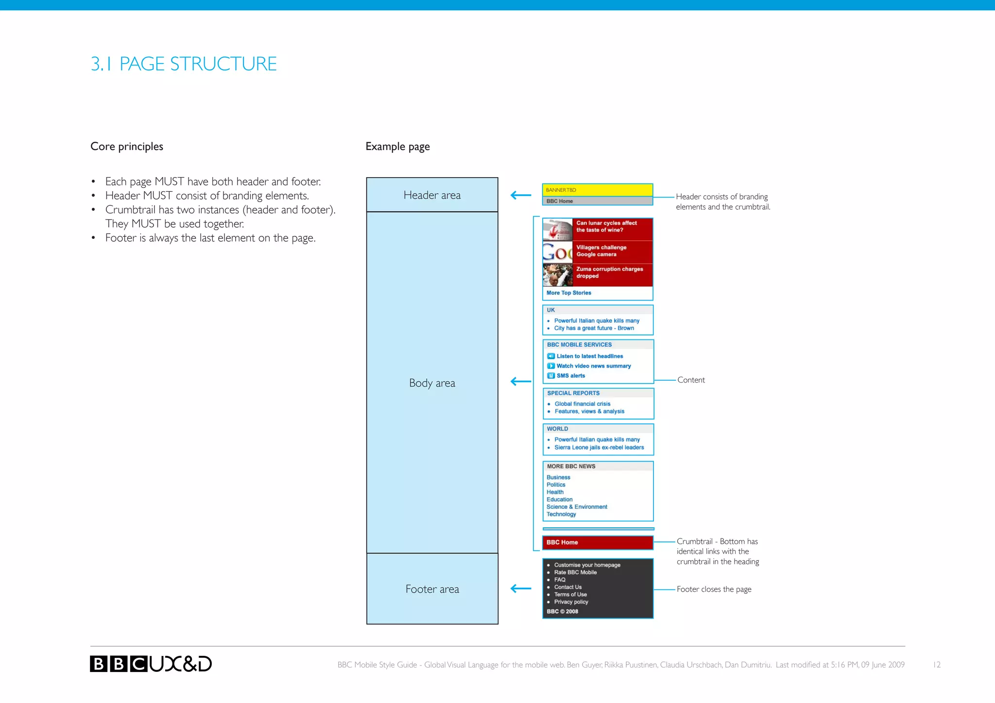 3.1 PAGE STRUCTURE


Core principles                                               Example page


• Each page MUST have both header and footer.
                                                                                                                   BANNER TBD
• Header MUst consist of branding elements.                              Header area                                                                      Header consists of branding
• Crumbtrail has two instances (header and footer).                                                                                                       elements and the crumbtrail.

  they MUst be used together.
• Footer is always the last element on the page.




                                                                           Body area                                                                      Content




                                                                                                                                                          Crumbtrail - Bottom has
                                                                                                                                                          identical links with the
                                                                                                                                                          crumbtrail in the heading


                                                                          Footer area                                                                     Footer closes the page




                                                      BBC Mobile Style Guide - Global Visual Language for the mobile web. Ben Guyer, Riikka Puustinen, Claudia Urschbach, Dan Dumitriu. Last modified at 5:16 PM, 09 June 2009   12
 