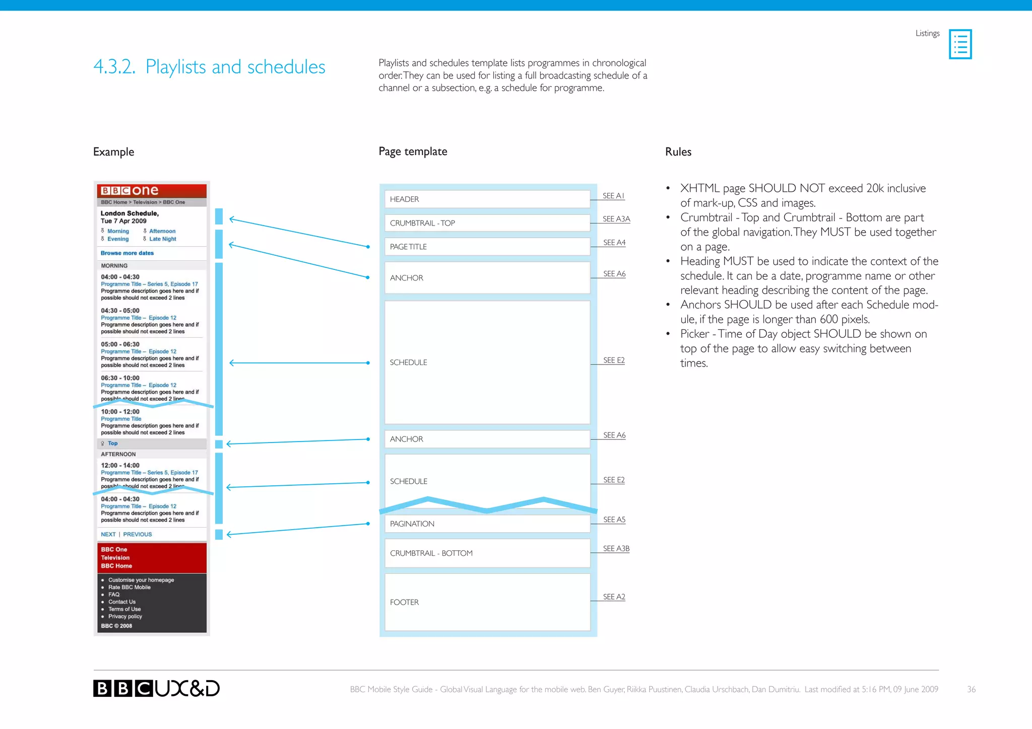 Listings



4.3.2. Playlists and schedules           Playlists and schedules template lists programmes in chronological
                                         order. they can be used for listing a full broadcasting schedule of a
                                         channel or a subsection, e.g. a schedule for programme.




Example                                  Page template                                                                    Rules


                                                                                                                          • XHTML page SHoULD NoT exceed 20k inclusive
                                            HEADER                                                       SEE A1
                                                                                                                            of mark-up, CSS and images.
                                            CRUMBTRAIL - ToP
                                                                                                         SEE A3A          • Crumbtrail - Top and Crumbtrail - Bottom are part
                                                                                                                            of the global navigation. They MUST be used together
                                                                                                         SEE A4
                                            PAGE TITLE                                                                      on a page.
                                                                                                                          • Heading MUST be used to indicate the context of the
                                            ANCHoR
                                                                                                         SEE A6             schedule. It can be a date, programme name or other
                                                                                                                            relevant heading describing the content of the page.
                                                                                                                          • Anchors SHoULD be used after each Schedule mod-
                                                                                                                            ule, if the page is longer than 600 pixels.
                                                                                                                          • Picker - Time of Day object SHoULD be shown on
                                                                                                                            top of the page to allow easy switching between
                                                                                                         SEE E2
                                            sCHeDULe                                                                        times.




                                                                                                         SEE A6
                                            ANCHoR




                                            sCHeDULe                                                     SEE E2




                                                                                                         SEE A5
                                            PAGINATIoN


                                                                                                         SEE A3B
                                            CRUMBTRAIL - BoTToM




                                                                                                         SEE A2
                                            FooteR




                                 BBC Mobile Style Guide - Global Visual Language for the mobile web. Ben Guyer, Riikka Puustinen, Claudia Urschbach, Dan Dumitriu. Last modified at 5:16 PM, 09 June 2009    36
 