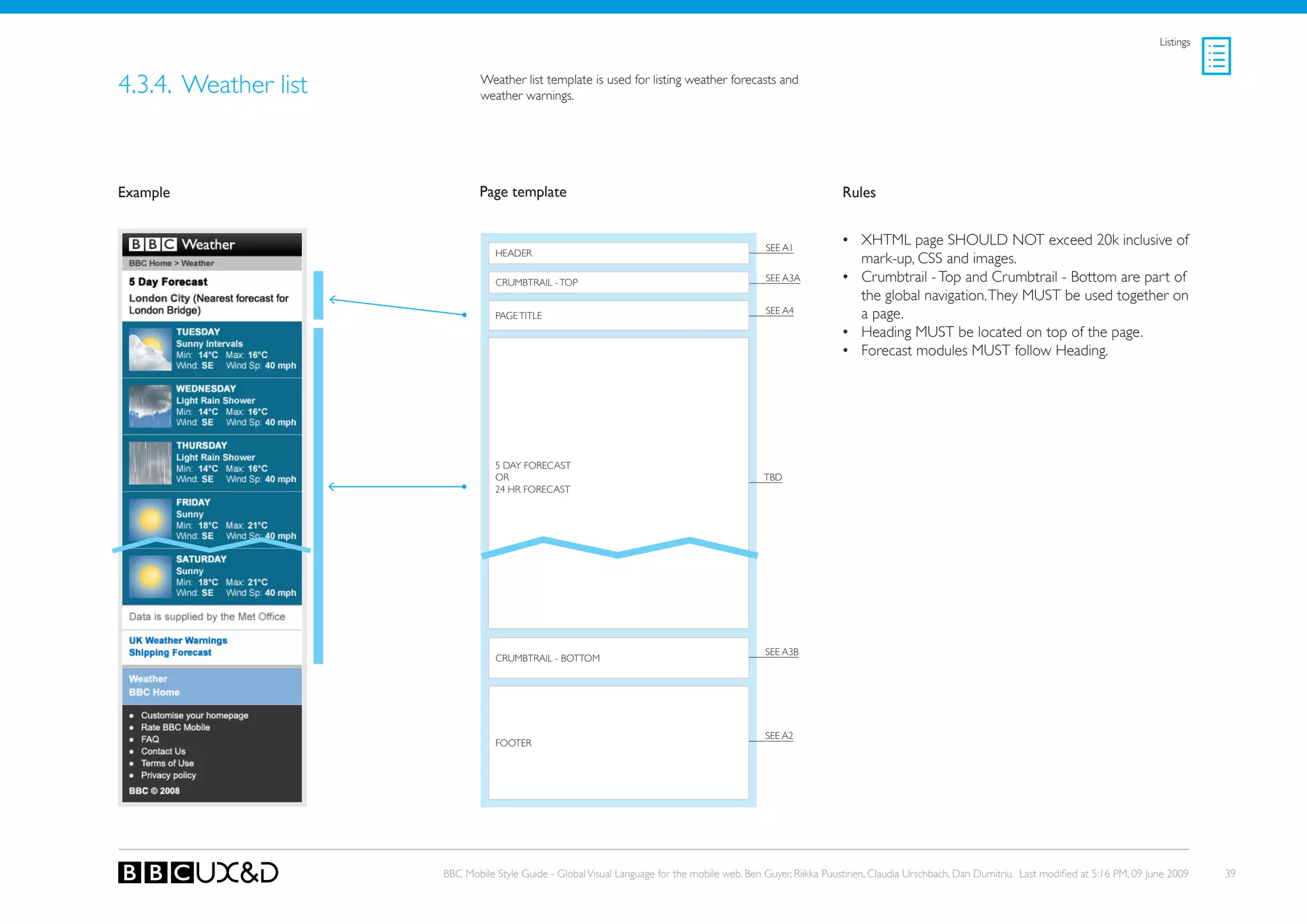 Listings



4.3.4. Weather list           Weather list template is used for listing weather forecasts and
                              weather warnings.




Example                       Page template                                                                    Rules


                                                                                              SEE A1
                                                                                                               • XHTML page SHoULD NoT exceed 20k inclusive of
                                 HEADER
                                                                                                                 mark-up, CSS and images.
                                 CRUMBTRAIL - ToP                                             SEE A3A          • Crumbtrail - Top and Crumbtrail - Bottom are part of
                                                                                                                 the global navigation. They MUST be used together on
                                 PAGE TITLE
                                                                                              SEE A4             a page.
                                                                                                               • Heading MUST be located on top of the page.
                                                                                                               • Forecast modules MUst follow Heading.




                                 5 DAy FoRECAST
                                 oR                                                           tBD
                                 24 HR FoRECAST




                                                                                              SEE A3B
                                 CRUMBTRAIL - BoTToM




                                                                                              SEE A2
                                 FooteR




                      BBC Mobile Style Guide - Global Visual Language for the mobile web. Ben Guyer, Riikka Puustinen, Claudia Urschbach, Dan Dumitriu. Last modified at 5:16 PM, 09 June 2009    39
 