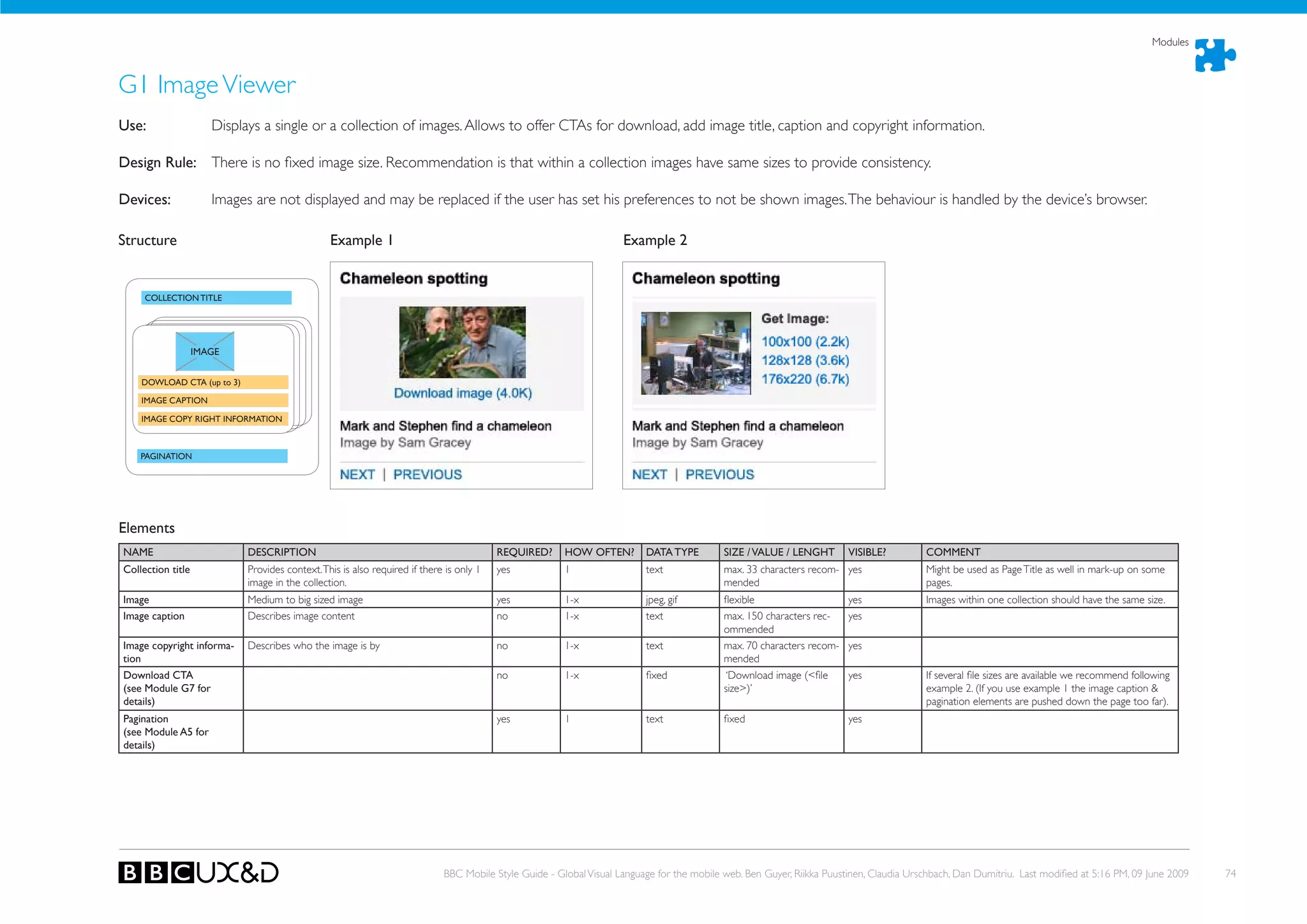 Modules



G1 Image Viewer
use:                  Displays a single or a collection of images. Allows to offer CTAs for download, add image title, caption and copyright information.

Design Rule: There is no fixed image size. Recommendation is that within a collection images have same sizes to provide consistency.

Devices:              Images are not displayed and may be replaced if the user has set his preferences to not be shown images. The behaviour is handled by the device’s browser.

Structure                                       Example 1                                                           Example 2


     COLLECTION TITLE




                   IMAGE


    DOWLOAD CTA (up to 3)

    IMAGE CAPTION

    IMAGE COPY RIGhT INFORMATION



    PAGINATION




Elements
NAME                        DESCRIPTION                                                  REQuIRED?     hOW OFTEN?        DATA TYPE         SIZE / VALuE / LENGhT       VISIBLE?         COMMENT
Collection title            Provides context. This is also required if there is only 1   yes           1                 text              max. 33 characters recom- yes                Might be used as Page Title as well in mark-up on some
                            image in the collection.                                                                                       mended                                       pages.
Image                       Medium to big sized image                                    yes           1-x               jpeg, gif         flexible                    yes              Images within one collection should have the same size.
Image caption               Describes image content                                      no            1-x               text              max. 150 characters rec-    yes
                                                                                                                                           ommended
Image copyright informa-    Describes who the image is by                                no            1-x               text              max. 70 characters recom-   yes
tion                                                                                                                                       mended
Download CTA                                                                             no            1-x               fixed              ‘Download image (<file     yes              If several file sizes are available we recommend following
(see Module G7 for                                                                                                                         size>)’                                      example 2. (If you use example 1 the image caption &
details)                                                                                                                                                                                pagination elements are pushed down the page too far).
Pagination                                                                               yes           1                 text              fixed                       yes
(see Module A5 for
details)




                                                                            BBC Mobile Style Guide - Global Visual Language for the mobile web. Ben Guyer, Riikka Puustinen, Claudia Urschbach, Dan Dumitriu. Last modified at 5:16 PM, 09 June 2009   74
 