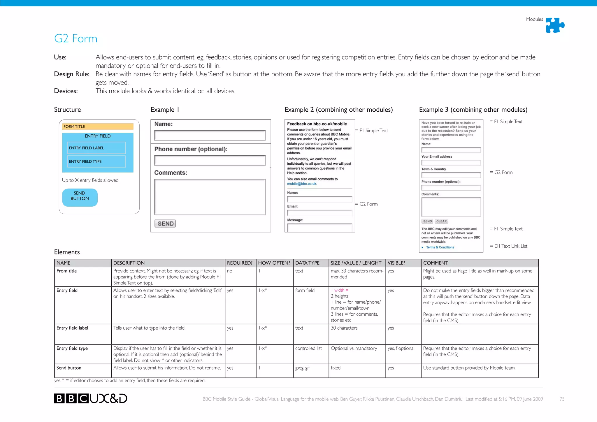 Modules



G2 Form
use:         Allows end-users to submit content, eg. feedback, stories, opinions or used for registering competition entries. Entry fields can be chosen by editor and be made
             mandatory or optional for end-users to fill in.
Design Rule: Be clear with names for entry fields. Use ‘Send’ as button at the bottom. Be aware that the more entry fields you add the further down the page the ‘send’ button
             gets moved.
Devices:     This module looks & works identical on all devices.

Structure                                          Example 1                                                             Example 2 (combining other modules)                                  Example 3 (combining other modules)
                                                                                                                                                                                                                                = F1 Simple Text
    FORM TITLE
                                                                                                                                                            = F1 Simple Text
                 ENTRY FIELD

       ENTRY FIELD LABEL


       ENTRY FIELD TYPE

                                                                                                                                                                                                                                = G2 Form
    Up to X entry fields allowed.

         SEND
        BuTTON
                                                                                                                                                            = G2 Form



                                                                                                                                                                                                                                = F1 Simple Text


                                                                                                                                                                                                                                = D1 Text Link LIst
Elements
 NAME                          DESCRIPTION                                                     REQuIRED?    hOW OFTEN?        DATA TYPE         SIZE / VALuE / LENGhT       VISIBLE?           COMMENT
 From title                    Provide context. Might not be necessary, eg. if text is         no           1                 text              max. 33 characters recom- yes                  Might be used as Page Title as well in mark-up on some
                               appearing before the from (done by adding Module F1                                                              mended                                         pages.
                               Simple Text on top).
 Entry	field                   Allows user to enter text by selecting field/clicking ‘Edit’    yes          1-x*              form field        1 width =                   yes                Do not make the entry fields bigger than recommended
                               on his handset. 2 sizes available.                                                                               2 heights:                                     as this will push the ‘send’ button down the page. Data
                                                                                                                                                1 line = for name/phone/                       entry anyway happens on end-user’s handset edit view.
                                                                                                                                                number/email/town
                                                                                                                                                3 lines = for comments,                        Requires that the editor makes a choice for each entry
                                                                                                                                                stories etc                                    field (in the CMS).
 Entry	field	label	            Tells user what to type into the field.                         yes          1-x*              text              30 characters               yes



 Entry	field	type              Display if the user has to fill in the field or whether it is   yes          1-x*              controlled list   optional vs. mandatory      yes, f optional    Requires that the editor makes a choice for each entry
                               optional. If it is optional then add ‘(optional)’ behind the                                                                                                    field (in the CMS).
                               field label. Do not show * or other indicators.
 Send button                   Allows user to submit his information. Do not rename.           yes          1                 jpeg, gif         fixed                       yes                Use standard button provided by Mobile team.

yes * = if editor chooses to add an entry field, then these fields are required.


                                                                                 BBC Mobile Style Guide - Global Visual Language for the mobile web. Ben Guyer, Riikka Puustinen, Claudia Urschbach, Dan Dumitriu. Last modified at 5:16 PM, 09 June 2009    75
 