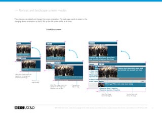 — Portrait and landscape screen modes

Many devices can detect and change the screen orientation. The web page needs to adapt to the
changing device orientation so that it fills up the full screen width at all times.



                                               320x420px screens




240x134px image remains left
aligned, but the background
stretches to fill the gap.

                               The text runs
                               edge to edge.
                                                   320x179px image remains left          The text runs
                                                   aligned, but the background           edge to edge.
                                                   stretches to fill the gap.



                                                                                                                                              320x179px image                               The text block shifts
                                                                                                                                              remains left aligned.                         next to the image.




                                                          BBC Mobile Style Guide - Global Visual Language for the mobile web. Ben Guyer, Riikka Puustinen, Claudia Urschbach, Dan Dumitriu. Last modified at 5:16 PM, 09 June 2009   11
 