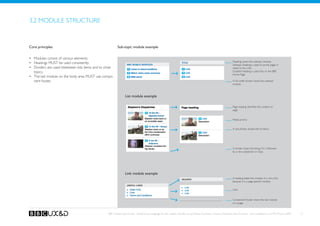 3.2 Module structure


Core principles                                            Sub-topic module example


•	 Modules consist of various elements.
                                                                                                                                                                     Heading opens the subtopic module.
•	 Headings MUST be used consistently.                                                                                                                               Subtopic heading is used on portal pages. It
•	 Dividers are used inbetween lists items and to close                                                                                                              needs to be a link.
   topics.                                                                                                                                                           Gradient heading is used only on the BBC
                                                                                                                                                                     Home Page.
•	 The last module on the body area MUST use compo-
   nent footer.                                                                                                                                                      A full width divider closes the subtopic
                                                                                                                                                                     module.



                                                                  List module example

                                                                                                                                                                     Page heading identifies the content on
                                                                                                                                                                     page


                                                                                                                                                                     Media promo


                                                                                                                                                                     A sub-divider divides the list items




                                                                                                                                                                     A divider closes the listing, if it is followed
                                                                                                                                                                     by a new subsection or topic.




                                                                  Link module example
                                                                                                                                                                     A heading labels the module. It is not a link,
                                                                                                                                                                     because it is a page-specific module.


                                                                                                                                                                     Links


                                                                                                                                                                     Component footer closes the last module
                                                                                                                                                                     on a page.



                                                   BBC Mobile Style Guide - Global Visual Language for the mobile web. Ben Guyer, Riikka Puustinen, Claudia Urschbach, Dan Dumitriu. Last modified at 5:16 PM, 09 June 2009   13
 