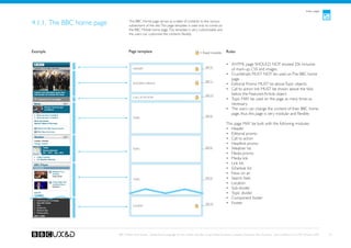 Index pages



4.1.1. The BBC home page           The BBC Home page serves as a table of contents to the various
                                   subsections of the site. This page template is used only to construct
                                   the BBC Mobile home page. This template is very customisable and
                                   the users can customise the contents flexibly.




Example                            Page template                                              = fixed module        Rules


                                                                                                                    •	 XHTML page SHOULD NOT exceed 25k inclusive
                                                                                                   See A1
                                      Header                                                                           of mark-up, CSS and images.
                                                                                                                    •	 Crumbtrails MUST NOT be used on The BBC home
                                                                                                                       page.
                                                                                                   See C1
                                      Editorial promo                                                               •	 Editorial Promo MUST be above Topic objects.
                                                                                                                    •	 Call to action link MUST be shown above the fold,
                                                                                                   See G7              below the Featured Article object.
                                      Call to action
                                                                                                                    •	 Topic MAY be used on the page as many times as
                                                                                                                       necessary.
                                                                                                                    •	 The users can change the content of their BBC home
                                                                                                   See B1
                                                                                                                       page, thus this page is very modular and flexible.
                                      Topic

                                                                                                                    This page MAY be built with the following modules:
                                                                                                                    •	 Header
                                                                                                                    •	 Editorial promo
                                                                                                                    •	 Call to action
                                                                                                                    •	 Headline promo
                                      Topic                                                        See B1           •	 Weather list
                                                                                                                    •	 Media promo
                                                                                                                    •	 Media link
                                                                                                                    •	 Link list
                                                                                                                    •	 Schedule list
                                                                                                                    •	 Now on air
                                      Topic                                                        See B1           •	 Search field
                                                                                                                    •	 Location
                                                                                                                    •	 Sub-divider
                                                                                                                    •	 Topic divider
                                                                                                                    •	 Component footer
                                                                                                   See A2           •	 Footer
                                      Footer




                           BBC Mobile Style Guide - Global Visual Language for the mobile web. Ben Guyer, Riikka Puustinen, Claudia Urschbach, Dan Dumitriu. Last modified at 5:16 PM, 09 June 2009   25
 