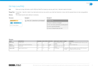 Modules



G6 Help Links/FAQ
Use:	 	                Points user to help information. Use for FAQ lists. Note: This module can also be used if only 1 help item needs to be listed.

Design Rule: If more then 1 help link is listed it may make sense mend you may want to use a title. Each help item is shown with the standard help icon (see visual guidelines
             section).
Devices: 	   This module looks  works identical on all devices.

Structure                                          Example 1                                                        Example 2

   HELP LIST TITLE


    ICON          HELP ITEM TEXT


  Up to X list items allowed.




Elements
NAME                            DESCRIPTION                                             REQUIRED?      HOW OFTEN?        DATA TYPE         SIZE / VALUE / LENGHT       VISIBLE?          COMMENT
Help list title                 Provide context                                         no             1                 text              max. 33 characters recom- yes                 Might be used as Page Title as well in mark-up on some
                                                                                                                                           mended                                        pages.
Help Icon                       Standard icons for audio and video items.               yes            1-x*              jpeg,,gif         fixed size                yes                 Must use standard icons.
Help item text                  Help link title.                                        yes            1-x*              text              max. 70 characters recom- yes
                                                                                                                                           mended
Help item URL                   Page the help item links to                             yes            1-x*              text              255 characters            screenreader or Ideally build validation check into CMS to check entry
                                                                                                                                                                     on rollover     complies with URL format “http:// ...”




                                                                            BBC Mobile Style Guide - Global Visual Language for the mobile web. Ben Guyer, Riikka Puustinen, Claudia Urschbach, Dan Dumitriu. Last modified at 5:16 PM, 09 June 2009   79
 