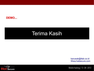 #Android Hacking Tools

- dSpoit
- Orbot
- WhatshappSniffer
- Wifinfect
- AnDOSid
- Anti
- SSH Server
- Linux BT ./chroot (ARM)                               ROOTED

                            Identification techniques for encrypted- data
                                                 Mobile Hacking | 13 - 04 2013
 