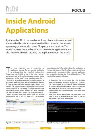 FOCUS


Inside Android
Applications
By the end of 2011, the number of Smartphone shipments around
the world will explode to nearly 468 million units and the android
operating system would have a fifty percent market share. This
would increase the number of attacks on mobile applications and
also the investment in securing the applications from the attacks.




T
        he most important part of performing an                 presents essential information about the application to
        application pentest for an android application          the Android system. High-level permissions restricting
        is understanding the manifest configuration.            access to entire components of the system or application
Analyzing a manifest file is one of the most important          can be applied through the AndroidManifest.xml. The
and tedious task while performing a penetration testing         manifest file does the following:
assessment on the world’s most popular mobile Os.
  Android is a privilege-separated operating system, in         •    It describes the components like the activities,
which each application runs with a distinct system identity.         services, broadcast receivers, and content providers
At install time, Android gives each package a distinct Linux         that the application is composed of. These declarations
user ID. The identity remains constant for the duration of           let the Android system know what the components are
the package’s life on that device. On a different device, the        and under what conditions they can be launched.
same package may have a different UID; what matters is          •    It determines which processes will host application
that each package has a distinct UID on a given device.              components.
  Every android application must have an Android                •    It declares which permissions the application must
Manifest.xml file in its root directory. The manifest                have in order to access protected parts of the API
                                                                     and interact with other applications.




Figure 1. AndroidManifest.xml natively obfuscated               Figure 2. Decoding apk application �le


  05/2011 (5) September                                    Page 34                                  http://pentestmag.com
 
