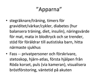”Apparna” stegräknare/träning, timers för graviditet/värkar/cykler, diabetes (hur balansera träning, diet, insulin), näringsvärde för mat, mata in blodtryck och se trender, stöd för föräldrar till autistiska barn, hitta närmaste sjukhus Fass -- privatpersoner och förskrivare, stetoskop, hjärn-atlas, första hjälpen från Röda korset, puls (via kameran), visualisera bröstförstoring, väntetid på akuten 