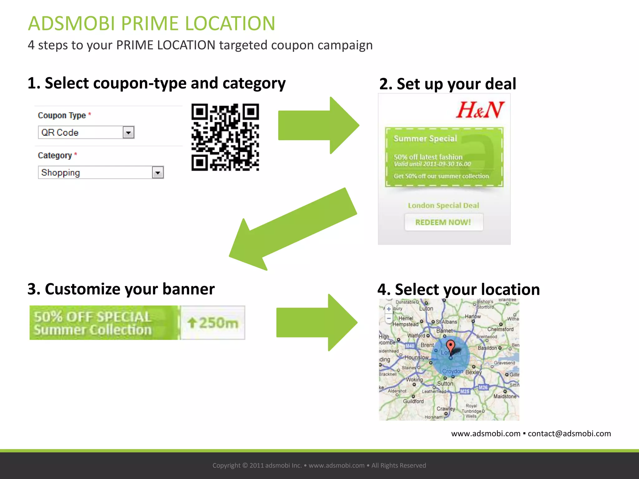 ADSMOBI PRIME LOCATION
4 steps to your PRIME LOCATION targeted coupon campaign

1. Select coupon-type and category                                                2. Set up your deal




3. Customize your banner                                                          4. Select your location




                                                                                                     www.adsmobi.com ▪ contact@adsmobi.com


                             Copyright © 2011 adsmobi Inc. • www.adsmobi.com • All Rights Reserved
 