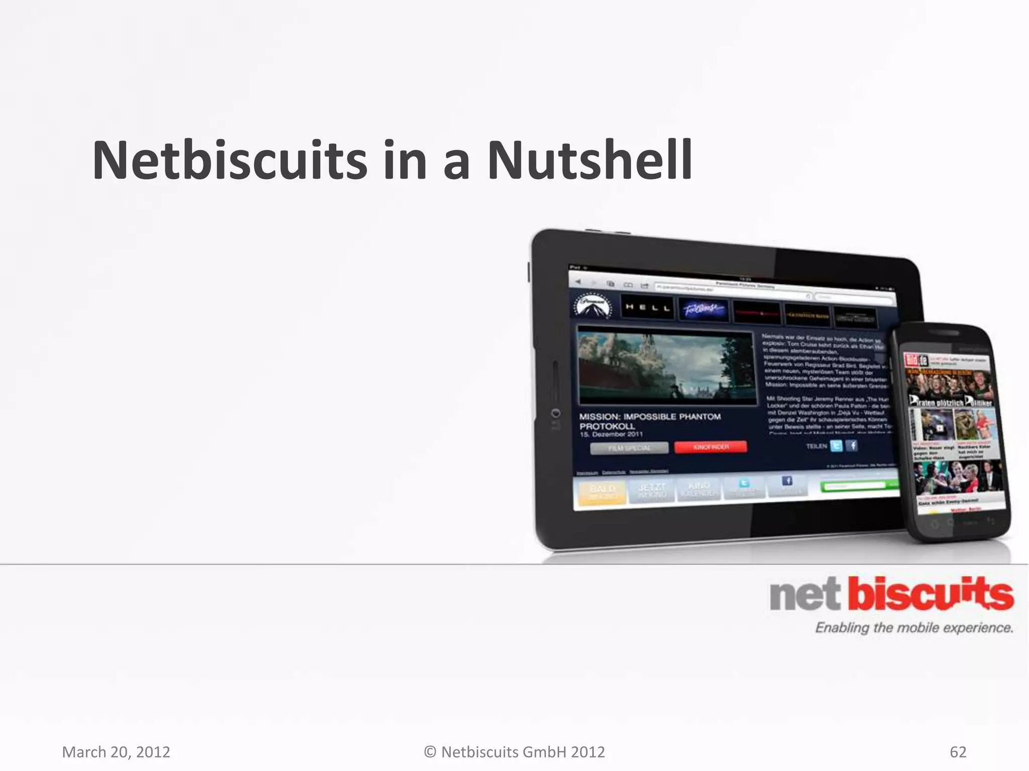 Netbiscuits in a Nutshell




March 20, 2012   © Netbiscuits GmbH 2012   62
 