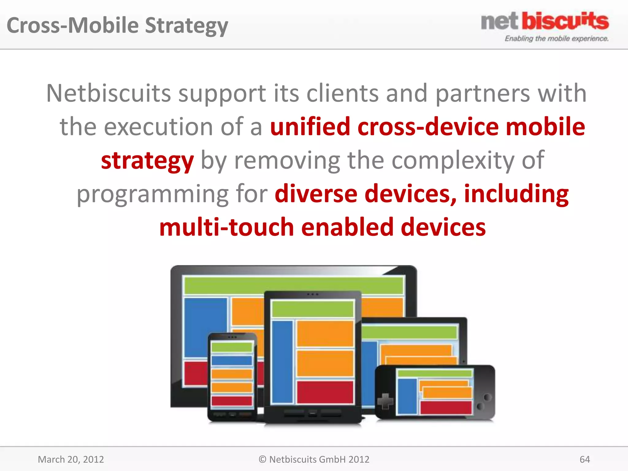 Cross-Mobile Strategy

   Netbiscuits support its clients and partners with
    the execution of a unified cross-device mobile
        strategy by removing the complexity of
     programming for diverse devices, including
             multi-touch enabled devices




  March 20, 2012        © Netbiscuits GmbH 2012    64
 