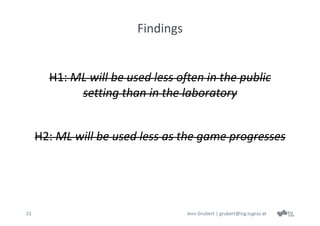 Findings


       H1: ML will be used less often in the public 
            setting than in the laboratory 


     H2: ML will be used less as the game progresses




21                                 Jens Grubert | grubert@icg.tugraz.at
 