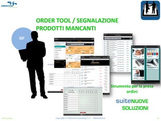 ORDER TOOL / SEGNALAZIONE
                   PRODOTTI MANCANTI
             ISF




                                                                                Strumento per la presa
                                                                                       ordini

                                                                                  suiteNUOVE
                                                                                     SOLUZIONI
18/03/2013              Copyright © Vidiemme Consulting S.r.l. - SolutionFarm                            16
 