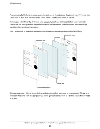 Programmatically, UI elements are considered to be types of views because they inherit from UIView. A view
knows how to draw itself onscreen and it knows when a user touches within its bounds.
To manage a set or hierarchy of views in your app, you typically use a view controller. A view controller
coordinates the display of views, implements the functionality behind user interactions, and can manage
transitions from one screen to another.
Here's an example of how views and view controllers can combine to present the UI of an iOS app.
Although developers think in terms of views and view controllers, users tend to experience an iOS app as a
collection of screens. From this perspective, a screen generally corresponds to a distinct visual state or mode
in an app.
iOS App Anatomy
2013-07-02 | Copyright © 2013 Apple Inc. All Rights Reserved. Apple Confidential Information.
26
 