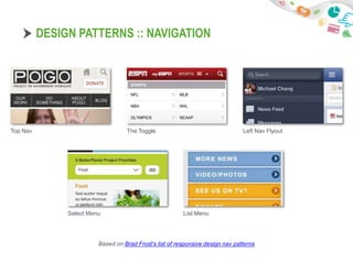 DESIGN PATTERNS :: NAVIGATION




Top Nav                                  The Toggle                                  Left Nav Flyout




                   Select Menu                                 List Menu




                              Based on Brad Frost's list of responsive design nav patterns
  10/15/2012   Mobile Homepage Design Slam                25
 
