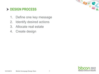 DESIGN PROCESS

       1.    Define one key message
       2.    Identify desired actions
       3.    Allocate real estate
       4.    Create design




10/15/2012   Mobile Homepage Design Slam   7
 