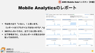 OKINAWA
AWS Mobile Hubハンズオン【本編】
http://jaws-ug.jp/
GitHub repositories https://github.com/jaws-ug/
56
✦ 今は色々出て「いない」！と思います。 
（レポートはリアルタイムではないので(^_^;)
✦ 30分もしないうちに、出てくると思います。
✦ 以下参考までに、どんなレポートが見えるのか
貼っておきます。
Mobile Analyticsのレポート
 