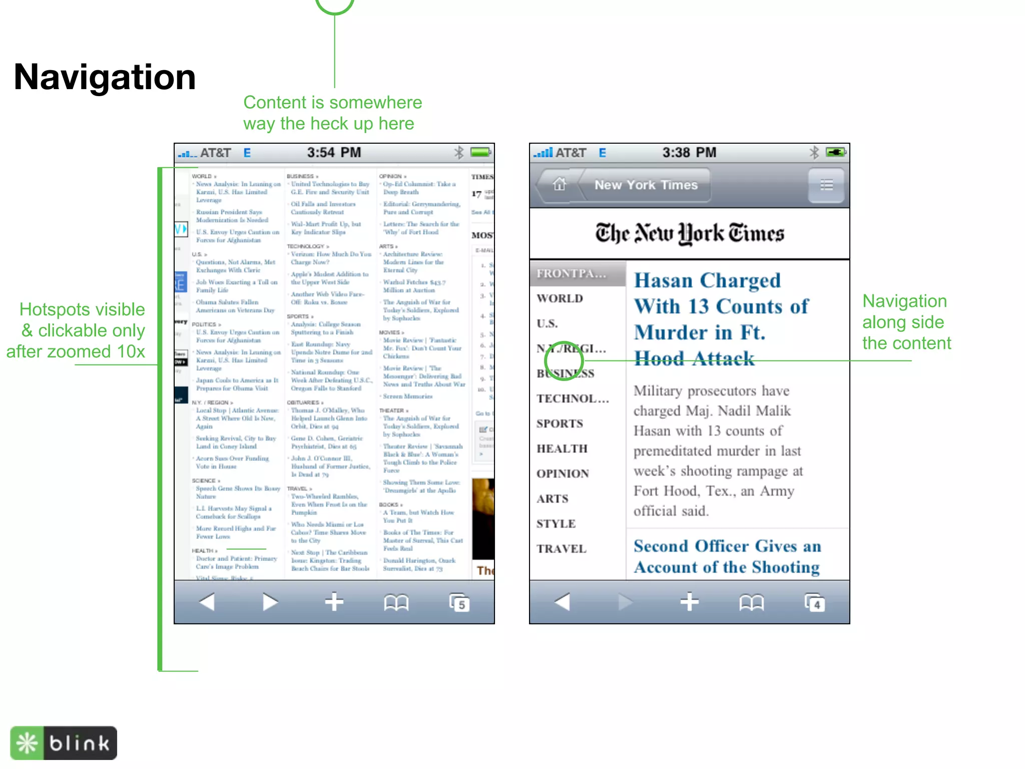 Navigation
                     Content is somewhere
                     way the heck up here




  Hotspots visible                          Navigation
  & clickable only                          along side
after zoomed 10x                            the content
 