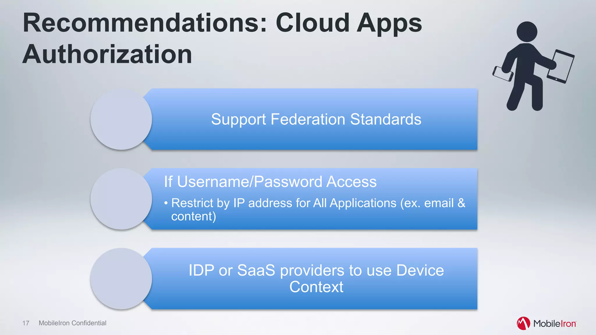 17 MobileIron Confidential
Recommendations: Cloud Apps
Authorization
Support Federation Standards
If Username/Password Access
• Restrict by IP address for All Applications (ex. email &
content)
IDP or SaaS providers to use Device
Context
 