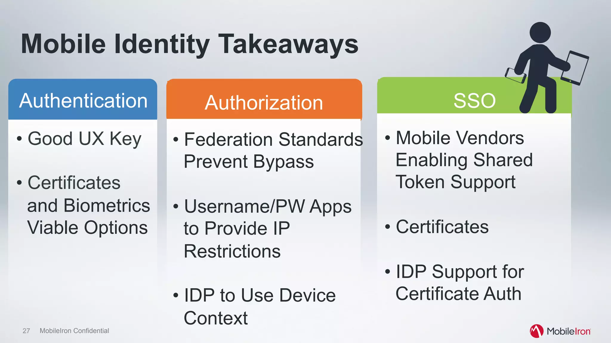 27 MobileIron Confidential
Mobile Identity Takeaways
Authentication SSOAuthorization
• Good UX Key
• Certificates
and Biometrics
Viable Options
• Federation Standards
Prevent Bypass
• Username/PW Apps
to Provide IP
Restrictions
• IDP to Use Device
Context
• Mobile Vendors
Enabling Shared
Token Support
• Certificates
• IDP Support for
Certificate Auth
 