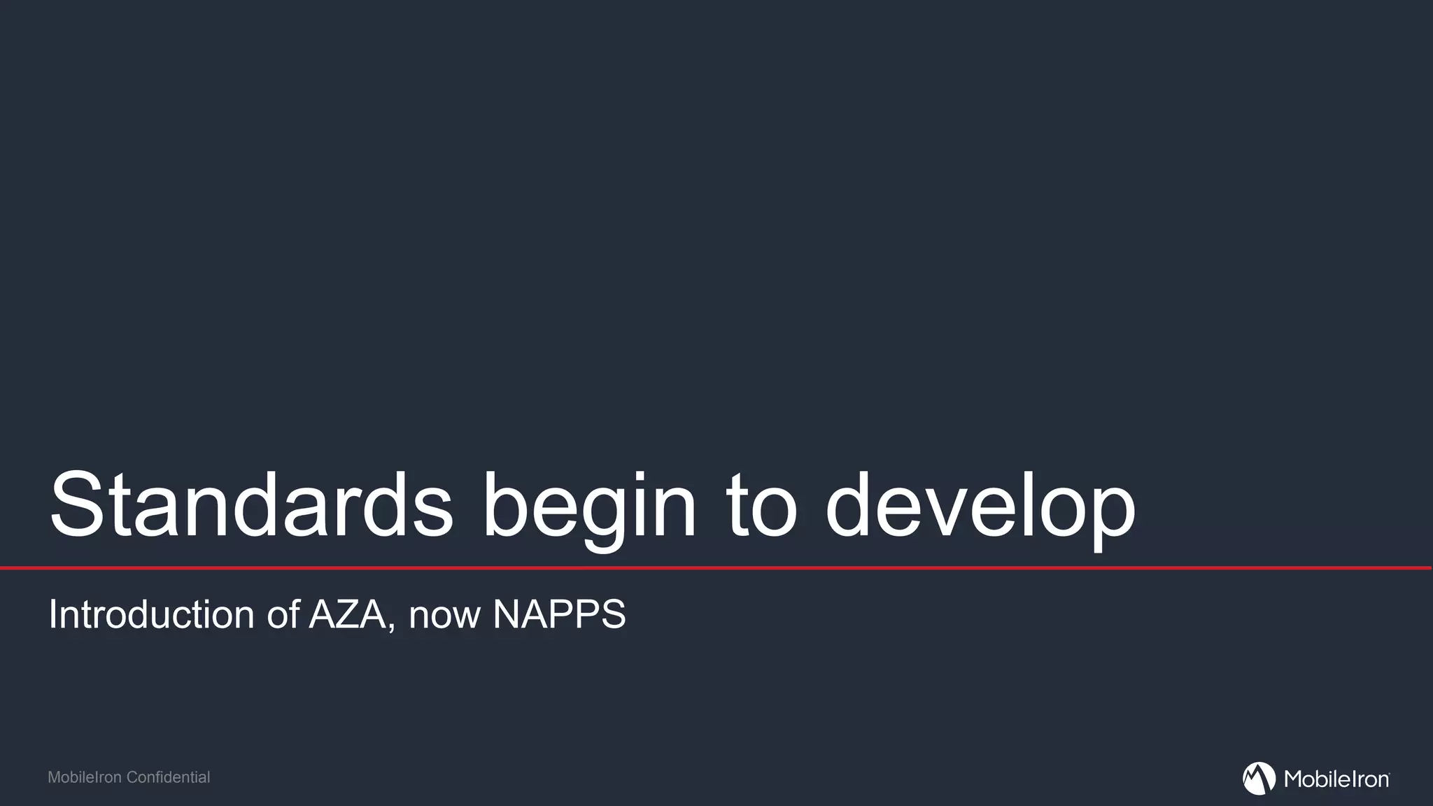 MobileIron Confidential
Standards begin to develop
Introduction of AZA, now NAPPS
 