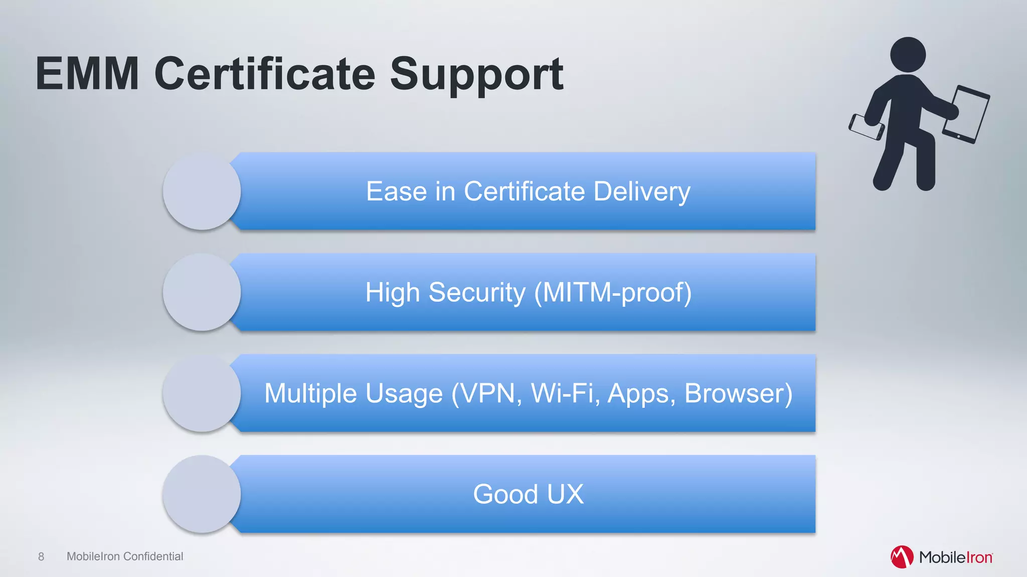 8 MobileIron Confidential
EMM Certificate Support
Ease in Certificate Delivery
High Security (MITM-proof)
Multiple Usage (VPN, Wi-Fi, Apps, Browser)
Good UX
 