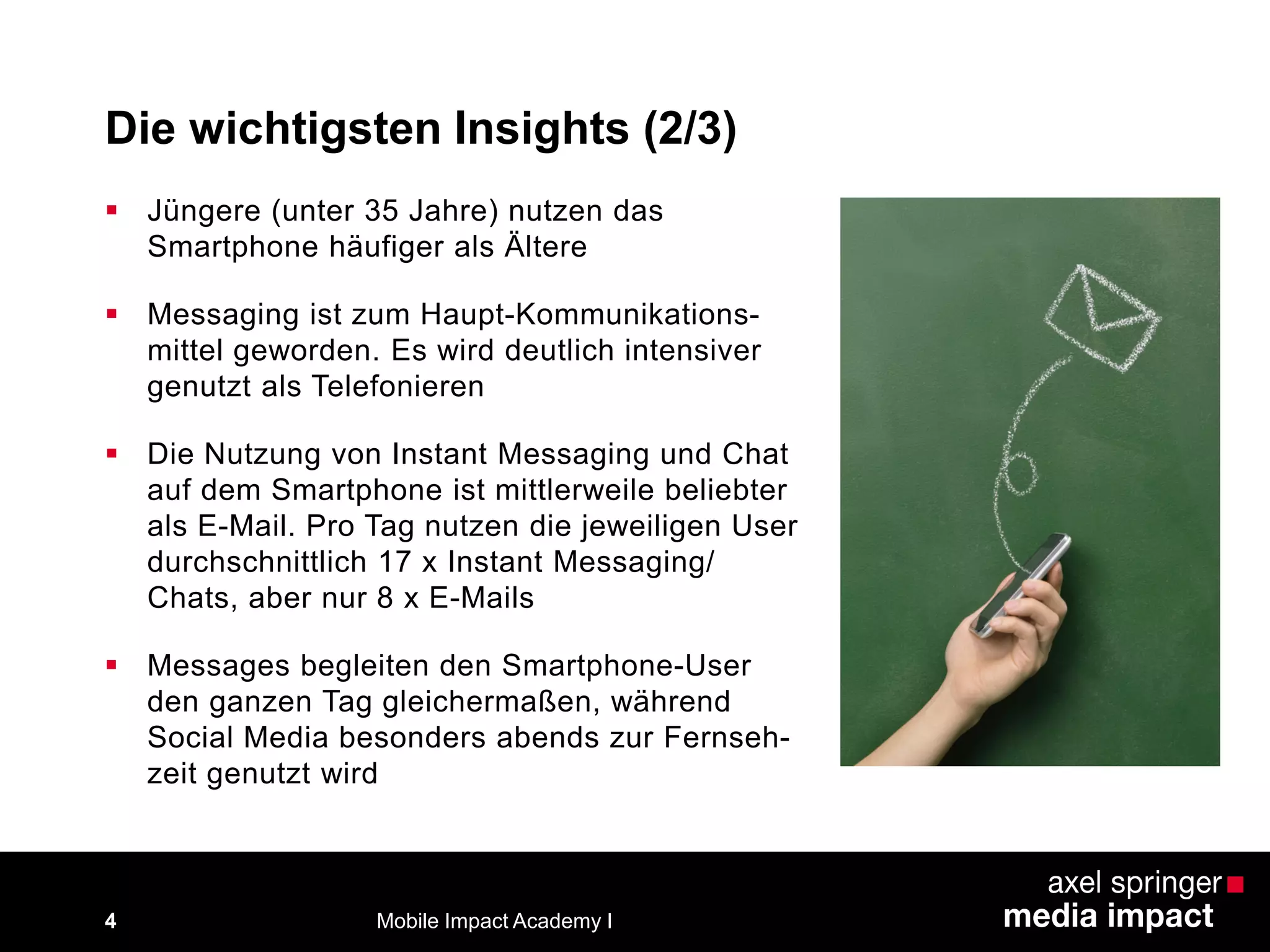 Die wichtigsten Insights (2/3)
4
 Jüngere (unter 35 Jahre) nutzen das
Smartphone häufiger als Ältere
 Messaging ist zum Haupt-Kommunikations-
mittel geworden. Es wird deutlich intensiver
genutzt als Telefonieren
 Die Nutzung von Instant Messaging und Chat
auf dem Smartphone ist mittlerweile beliebter
als E-Mail. Pro Tag nutzen die jeweiligen User
durchschnittlich 17 x Instant Messaging/
Chats, aber nur 8 x E-Mails
 Messages begleiten den Smartphone-User
den ganzen Tag gleichermaßen, während
Social Media besonders abends zur Fernseh-
zeit genutzt wird
Mobile Impact Academy I
 