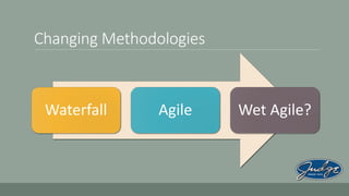 Changing Methodologies

Waterfall

Agile

Wet Agile?

 