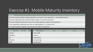 Exercise #1: Mobile Maturity Inventory
Evaluate
How many separate mobile-available applications are present in your organization – internal AND external?
Does your organization have an official mobile strategy – if so share an overview?
Does your software lifecycle policy account for mobile application support and maintenance?
Is your organization supporting more than one mobile platform – if so which ones?
Are mobile employees regularly using 3 devices (PC, tablet, smartphone)?
Devices

BYOD

COPE

Apps

Android

Sales / CRM

BlackBerry

Intranet

iOS

External Web

Windows

Consumer App

Other

Collaboration

Virtual Desktop

Mobile Web

Responsive

Native App

 