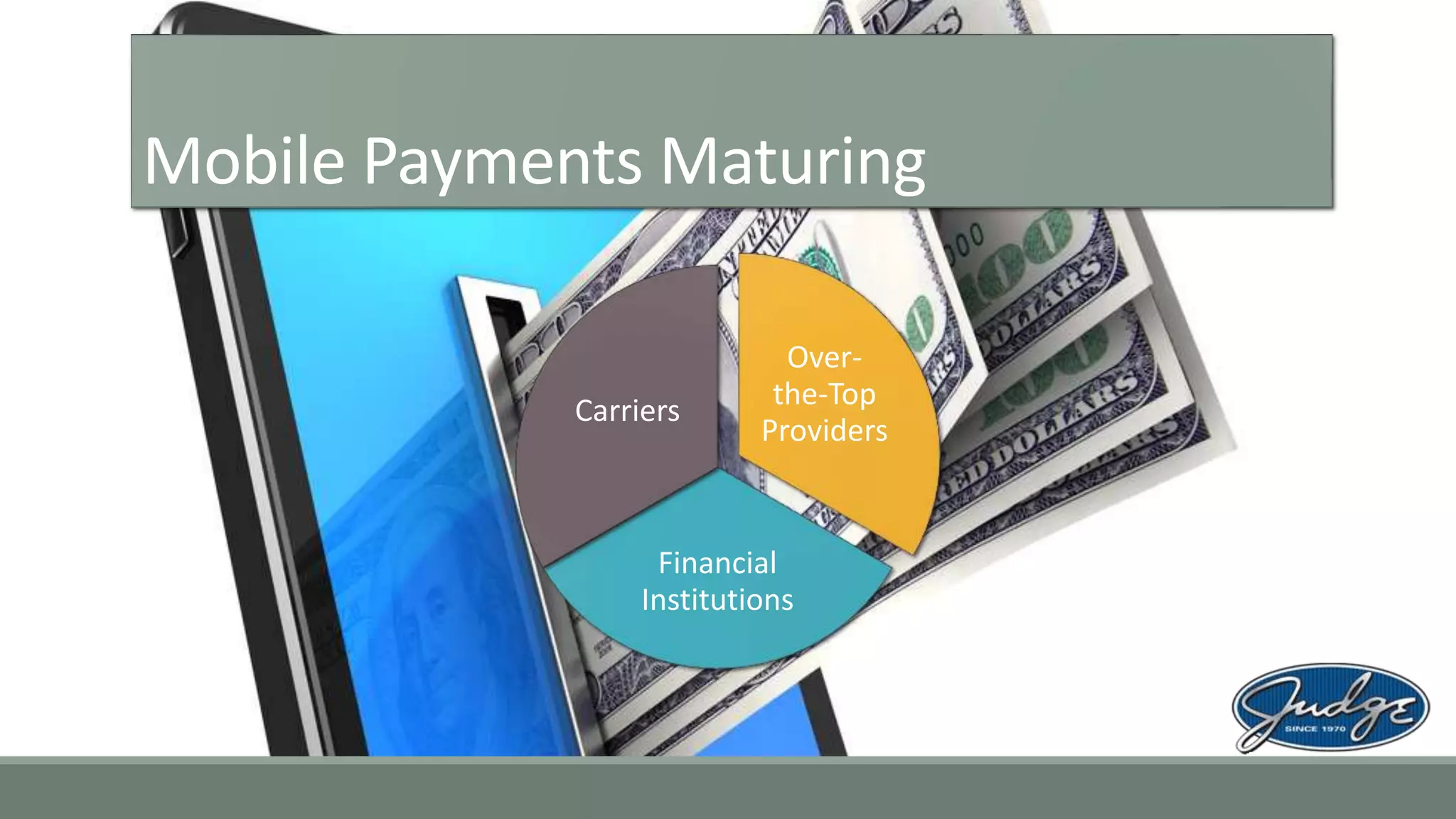 Mobile Payments Maturing
Over-
the-Top
Providers
Financial
Institutions
Carriers
 