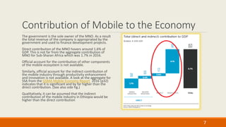 Contribution of Mobile to the Economy
The government is the sole owner of the MNO. As a result
the total revenue of the company is appropriated by the
government and used to finance development projects.
Direct contribution of the MNO hovers around 1.6% of
GDP. This is not far from the aggregate contribution of
MNO for Sub-Sharan Africa which was 1.7% in 2016.
Official account for the contribution of other components
of the mobile ecosystem is not available.
Similarly, official account for the indirect contribution of
the mobile industry through productivity enhancement
and innovation is not available. A look at the aggregate for
SSA from the GSMA Mobile Economy Report 2016 (p32)
indicates that it is significant and by far higher than the
direct contribution. (See also side fig.)
Qualitatively, it can be assumed that the indirect
contribution of the mobile industry in Ethiopia would be
higher than the direct contribution
7
 