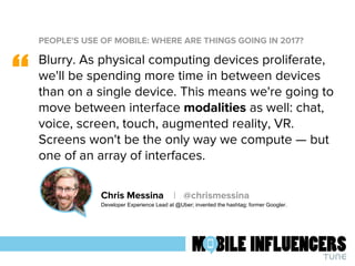 PEOPLE'S USE OF MOBILE: WHERE ARE THINGS GOING IN 2017?
“
Chris Messina | @chrismessina
Developer Experience Lead at @Uber...