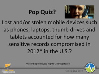 FRSECURE.COM
Pop Quiz?
Lost and/or stolen mobile devices such
as phones, laptops, thumb drives and
tablets accounted for how many
sensitive records compromised in
2012* in the U.S.?
*According to Privacy Rights Clearing House
 