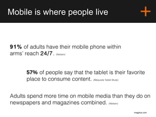 Mobile is where people live
magplus.com
91% of adults have their mobile phone within
arms’ reach 24/7. (Nielsen)
57% of pe...