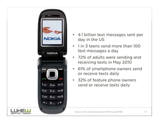 •  4.1 billion text messages sent per
   day in the US
•  1 in 3 teens send more than 100
   text messages a day
•  72% of adults were sending and
   receiving texts in May 2010
•  61% of smartphone owners send
   or receive texts daily
•  32% of feature phone owners
   send or receive texts daily




 Source: http://www.lukew.com/ff/entry.asp?1188   20
 