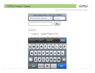 HTML5 Input Types
                    Images from Dive Into HTML5 by Mark Pilgrim




                                                             71
 