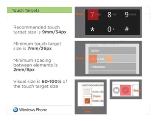 Touch Targets



Recommended touch
target size is 9mm/34px

Minimum touch target
size is 7mm/26px

Minimum spacing
between elements is
2mm/8px

Visual size is 60-100% of
the touch target size




                            87
 