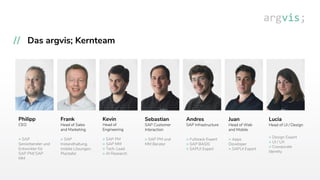 Das argvis; Kernteam
Philipp
CEO
> SAP
Seniorberater und
Entwickler für
SAP PM/ SAP
MM
Frank
Head of Sales
and Marketing
> SAP
Instandhaltung,
mobile Lösungen,
Plantafel
Kevin
Head of
Engineering
> SAP PM
> SAP MM
> Tech-Lead
> AI Research
Sebastian
SAP Customer
Interaction
> SAP PM und
MM Berater
Andres
SAP Infrastructure
> Fullstack Expert
> SAP BASIS
> SAPUI Expert
Juan
Head of Web
and Mobile
> Apps
Developer
> SAPUI Expert
Lucia
Head of UI / Design
> Design Expert
> UI / UX
> Coorporate
Identity
 
