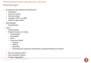 PROZESSWORKSHOP| APP „RÜCKMELDUNG - AUFTRAG“
Mobile Instandhaltung - Prozessworkshop
14.11.201819
Anforderungen
▪ Einstiegssuche über Arbeitsvorrat des Benutzers
▪ Arbeitsplatz?
▪ Status des Auftrags
▪ Werk des Auftrags
▪ Auftragsart „PM01“ bis „PM09“
▪ ZRÜCK → eigener BAPI?
▪ Berechtigungen
▪ Spezielle Rolle?
▪ Layout
▪ Aufbau Kopfzeile
▪ Detailinformationen zum Auftrag
▪ Zuständigkeiten
▪ Bezugsobjekt
▪ Datum
▪ Verbundene Objekte
▪ Vorgänge
▪ Meldung
▪ Dokumente
▪ Rückmeldung am Vorgang inkl. Zeiterfassung, Zustandsrückmeldung und Schaden
▪ …
▪ Was darf bearbeitet werden?
▪ Wann bearbeitbar? (Status)
▪ Funktion „Folgeauftrag“?
 