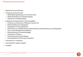 ▪ Begrüßung, Ziel des Workshop
▪ Vorstellung der Standard-Apps
▪ Mobile Meldungserfassung zum Technischen Platz
▪ Mobile Rückmeldung von Auftragsvorgängen
▪ Disposition der Auftragsvorgänge
▪ Erarbeitung der Anforderungen zu Anwendungsfällen
▪ Erfassung und Änderung von Meldungen inklusive Foto
▪ Mobile Darstellung der Auftragsarten
▪ Auftragsliste inkl. Planungsübersicht
▪ Rückmeldung von Aufträgen inklusive Zeitrückmeldung, Schadenscodierung und Auftragsstatus
▪ Info zu neuen Aufträgen (Pushnotification)
▪ Zeitrückmeldung von Produktionsanlagen
▪ Checklisten zu Prüflosen
▪ Dokumentenzuordnung bei Objekten
▪ Kundenspezifische Einrichtung der Disposition
▪ Informationen zur Infrastruktur
▪ Ansprechpartner, weiteres Vorgehen
▪ Sonstiges
PROZESSWORKSHOP| AGENDA
Mobile Instandhaltung - Prozessworkshop
14.11.20182
 