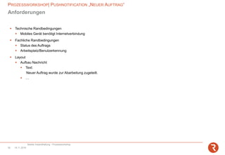 PROZESSWORKSHOP| PUSHNOTIFICATION „NEUER AUFTRAG“
Mobile Instandhaltung - Prozessworkshop
14.11.201820
Anforderungen
▪ Technische Randbedingungen
▪ Mobiles Gerät benötigt Internetverbindung
▪ Fachliche Randbedingungen
▪ Status des Auftrags
▪ Arbeitsplatz/Benutzerkennung
▪ Layout
▪ Aufbau Nachricht
▪ Text:
Neuer Auftrag wurde zur Abarbeitung zugeteilt.
▪ …
 