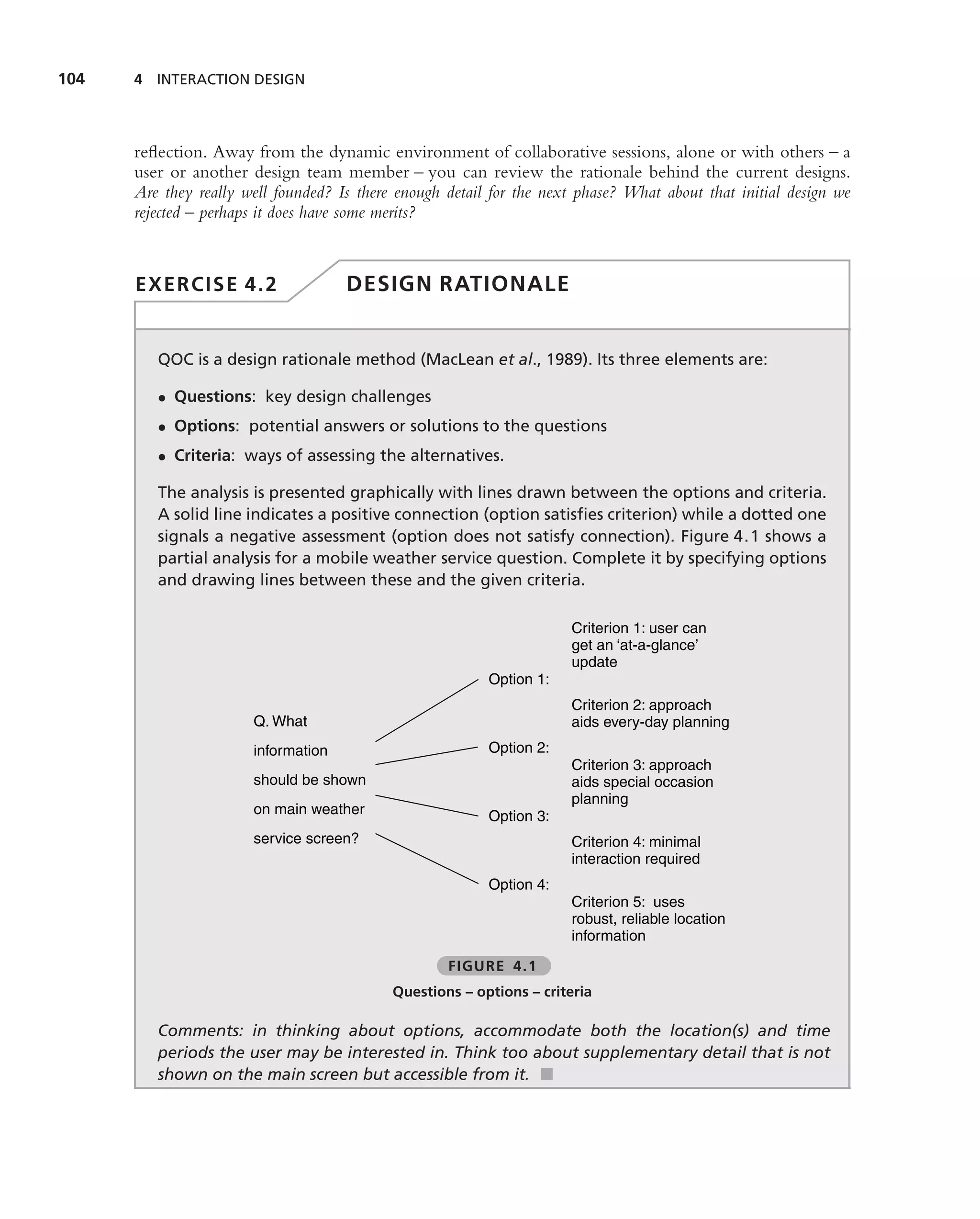 104   4 INTERACTION DESIGN




      reﬂection. Away from the dynamic environment of collaborative sessions, alone or with others – a
      user or another design team member – you can review the rationale behind the current designs.
      Are they really well founded? Is there enough detail for the next phase? What about that initial design we
      rejected – perhaps it does have some merits?



      EXERCISE 4.2                   DESIGN RATIONALE


         QOC is a design rationale method (MacLean et al., 1989). Its three elements are:

         • Questions: key design challenges
         • Options: potential answers or solutions to the questions
         • Criteria: ways of assessing the alternatives.

         The analysis is presented graphically with lines drawn between the options and criteria.
         A solid line indicates a positive connection (option satisﬁes criterion) while a dotted one
         signals a negative assessment (option does not satisfy connection). Figure 4.1 shows a
         partial analysis for a mobile weather service question. Complete it by specifying options
         and drawing lines between these and the given criteria.

                                                                      Criterion 1: user can
                                                                      get an ‘at-a-glance’
                                                                      update
                                                          Option 1:
                                                                      Criterion 2: approach
                       Q. What                                        aids every-day planning
                       information                        Option 2:
                                                                      Criterion 3: approach
                       should be shown                                aids special occasion
                                                                      planning
                       on main weather                    Option 3:
                       service screen?                                Criterion 4: minimal
                                                                      interaction required
                                                          Option 4:
                                                                      Criterion 5: uses
                                                                      robust, reliable location
                                                                      information

                                                    FIGURE 4.1
                                            Questions – options – criteria

         Comments: in thinking about options, accommodate both the location(s) and time
         periods the user may be interested in. Think too about supplementary detail that is not
         shown on the main screen but accessible from it. ■
 