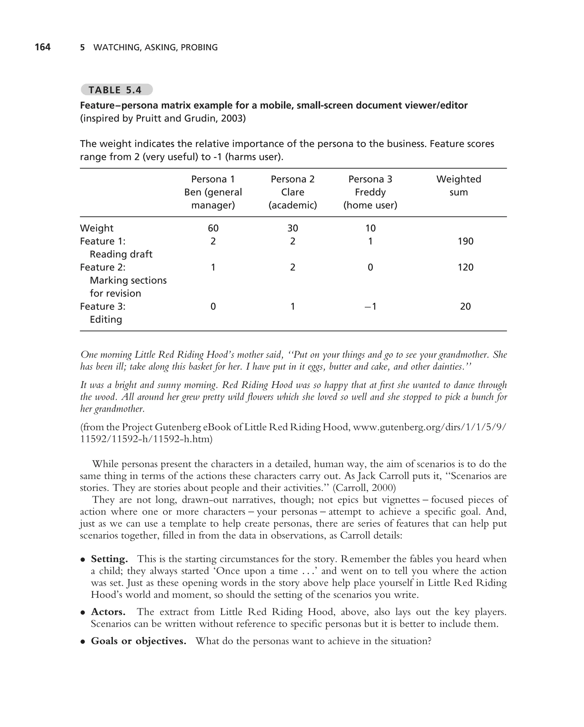 164   5 WATCHING, ASKING, PROBING



        TABLE 5.4
      Feature–persona matrix example for a mobile, small-screen document viewer/editor
      (inspired by Pruitt and Grudin, 2003)

      The weight indicates the relative importance of the persona to the business. Feature scores
      range from 2 (very useful) to -1 (harms user).

                                 Persona 1            Persona 2          Persona 3              Weighted
                                Ben (general            Clare             Freddy                  sum
                                 manager)            (academic)         (home user)

      Weight                          60                  30                  10
      Feature 1:                      2                    2                   1                     190
        Reading draft
      Feature 2:                       1                   2                  0                      120
        Marking sections
        for revision
      Feature 3:                       0                   1                 −1                       20
        Editing


      One morning Little Red Riding Hood’s mother said, ‘‘Put on your things and go to see your grandmother. She
      has been ill; take along this basket for her. I have put in it eggs, butter and cake, and other dainties.’’
      It was a bright and sunny morning. Red Riding Hood was so happy that at ﬁrst she wanted to dance through
      the wood. All around her grew pretty wild ﬂowers which she loved so well and she stopped to pick a bunch for
      her grandmother.
      (from the Project Gutenberg eBook of Little Red Riding Hood, www.gutenberg.org/dirs/1/1/5/9/
      11592/11592-h/11592-h.htm)

         While personas present the characters in a detailed, human way, the aim of scenarios is to do the
      same thing in terms of the actions these characters carry out. As Jack Carroll puts it, ‘‘Scenarios are
      stories. They are stories about people and their activities.’’ (Carroll, 2000)
         They are not long, drawn-out narratives, though; not epics but vignettes – focused pieces of
      action where one or more characters – your personas – attempt to achieve a speciﬁc goal. And,
      just as we can use a template to help create personas, there are series of features that can help put
      scenarios together, ﬁlled in from the data in observations, as Carroll details:

      • Setting. This is the starting circumstances for the story. Remember the fables you heard when
        a child; they always started ‘Once upon a time . . .’ and went on to tell you where the action
        was set. Just as these opening words in the story above help place yourself in Little Red Riding
        Hood’s world and moment, so should the setting of the scenarios you write.
      • Actors. The extract from Little Red Riding Hood, above, also lays out the key players.
        Scenarios can be written without reference to speciﬁc personas but it is better to include them.
      • Goals or objectives. What do the personas want to achieve in the situation?
 