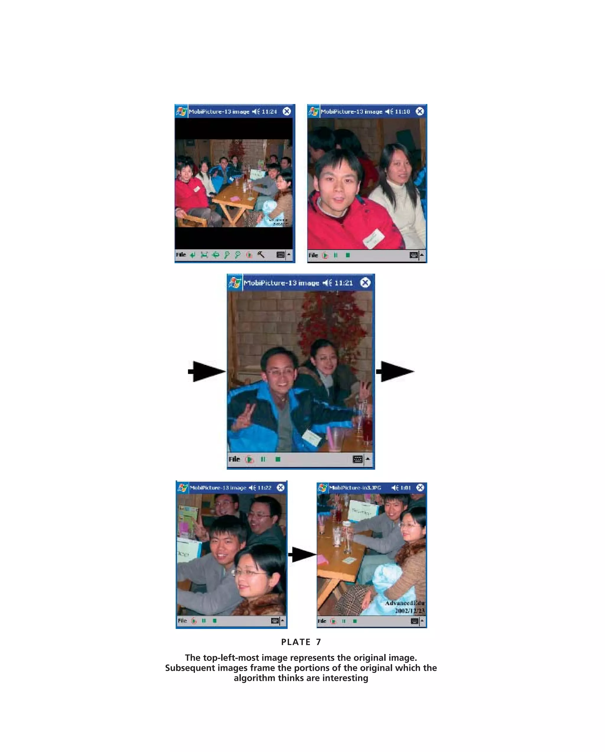 PLATE 7
    The top-left-most image represents the original image.
Subsequent images frame the portions of the original which the
                algorithm thinks are interesting
 