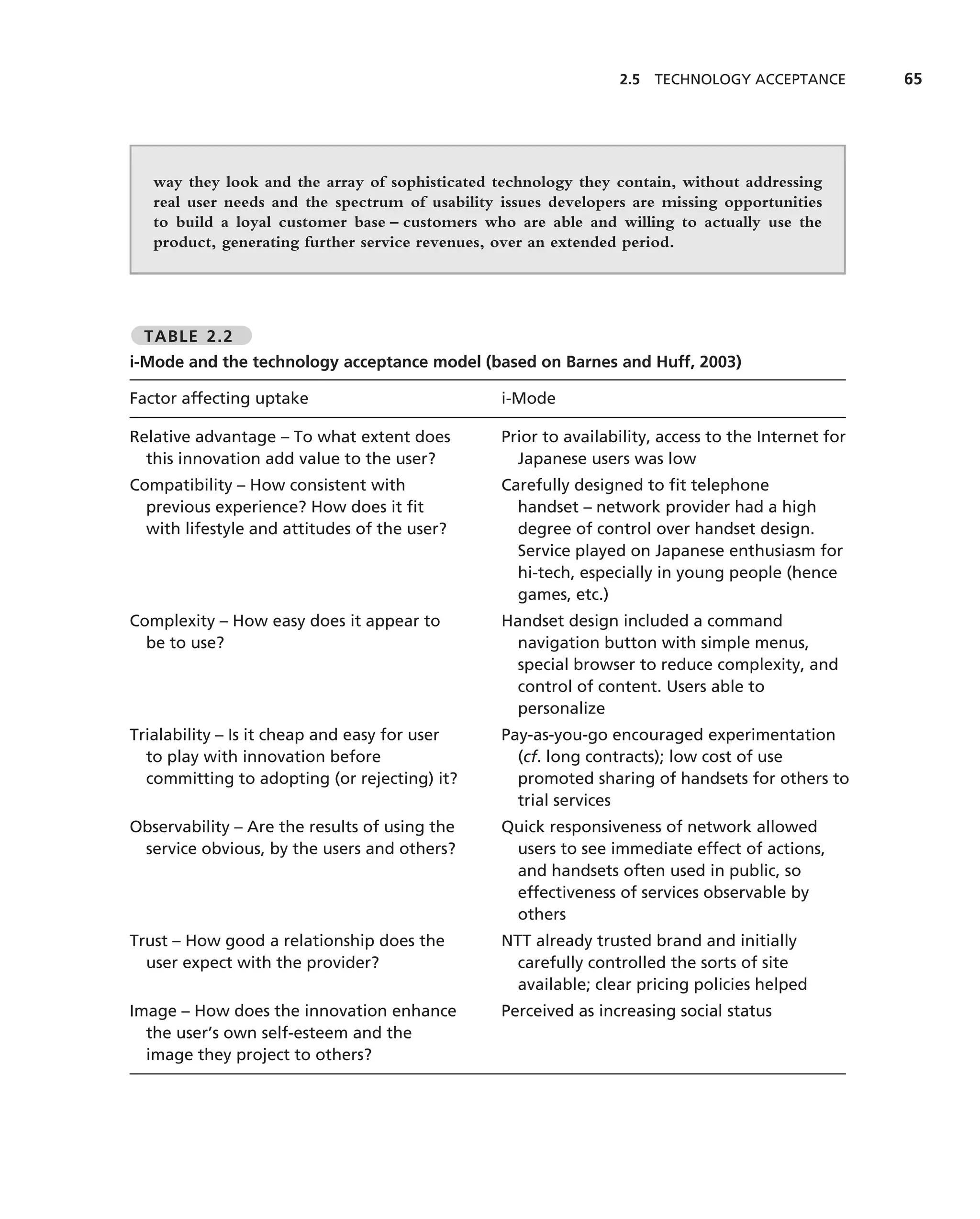 2.5   TECHNOLOGY ACCEPTANCE         65




   way they look and the array of sophisticated technology they contain, without addressing
   real user needs and the spectrum of usability issues developers are missing opportunities
   to build a loyal customer base – customers who are able and willing to actually use the
   product, generating further service revenues, over an extended period.




 TABLE 2.2
i-Mode and the technology acceptance model (based on Barnes and Huff, 2003)

Factor affecting uptake                          i-Mode

Relative advantage – To what extent does         Prior to availability, access to the Internet for
  this innovation add value to the user?           Japanese users was low
Compatibility – How consistent with              Carefully designed to ﬁt telephone
  previous experience? How does it ﬁt              handset – network provider had a high
  with lifestyle and attitudes of the user?        degree of control over handset design.
                                                   Service played on Japanese enthusiasm for
                                                   hi-tech, especially in young people (hence
                                                   games, etc.)
Complexity – How easy does it appear to          Handset design included a command
  be to use?                                       navigation button with simple menus,
                                                   special browser to reduce complexity, and
                                                   control of content. Users able to
                                                   personalize
Trialability – Is it cheap and easy for user     Pay-as-you-go encouraged experimentation
  to play with innovation before                   (cf. long contracts); low cost of use
  committing to adopting (or rejecting) it?        promoted sharing of handsets for others to
                                                   trial services
Observability – Are the results of using the     Quick responsiveness of network allowed
 service obvious, by the users and others?        users to see immediate effect of actions,
                                                  and handsets often used in public, so
                                                  effectiveness of services observable by
                                                  others
Trust – How good a relationship does the         NTT already trusted brand and initially
  user expect with the provider?                   carefully controlled the sorts of site
                                                   available; clear pricing policies helped
Image – How does the innovation enhance          Perceived as increasing social status
  the user’s own self-esteem and the
  image they project to others?
 