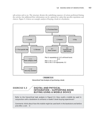 5.4 MAKING SENSE OF OBSERVATIONS     157



sub-actions and so on. The structure dictates the underlying sequence of actions performed during
the activity, but additional ﬂow information can be captured in a plan that speciﬁes repetitions and
choices. Figure 5.4 shows an example analysis of buying a book in a bookstore.




                                                        0. Purchase Book




                       1. Locate                                         2. Assess                   3. Buy




                                                                                          2.2.
                                                              2.1
   1.1 Find specific title          1.2 Browse                                       Compare with
                                                          Scan content
                                                                                      alternatives



                                                     Plan 0: repeatedly do 1 & 2 until book found;
                         1.1.1                                            do 3.
                   Scan category shelf               Plan 1: do 1.1. or 1.2
                                                     Plan 2: do 2.1 & if appropriate, 2.2



                         1.1.2
                   Ask shop assistant



                                                    FIGURE 5.4
                                   Hierarchical Task Analysis of purchasing a book




EXERCISE 5.3                         DIGITAL AND PHYSICAL
                                     INTEGRATION – SUPPORTING BOOK
                                     BUYING USING A MOBILE DEVICE

   Refer to the hierarchical task analysis in Figure 5.4. How could a mobile be used in
   conjunction with a bookstore to enhance a reader’s book buying experiences?

   Comments: think about how the mobile might be used both in the bookstore and before
   and after a visit. ■
 